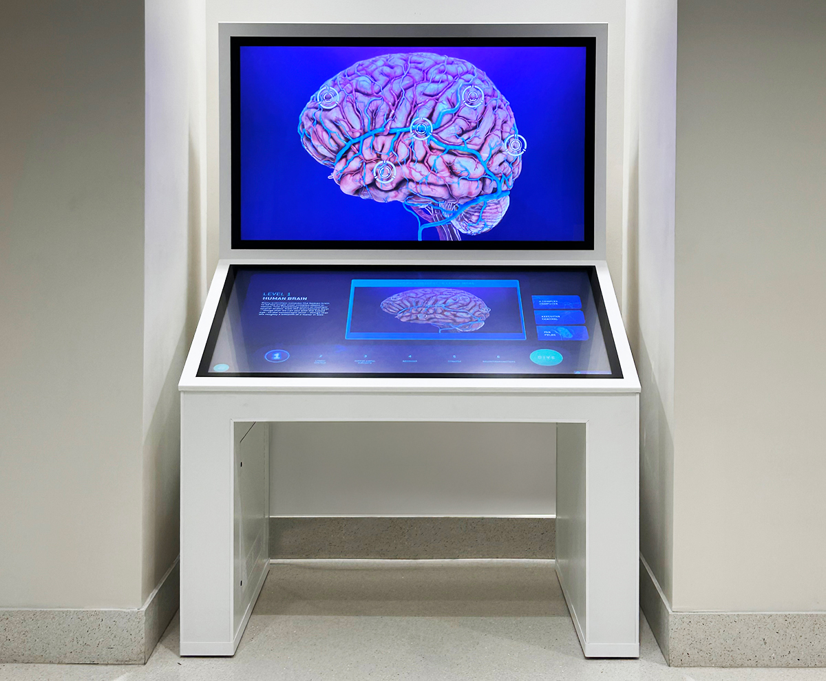 The dual screen kiosk was built with 55" Ideum Inline touch displays, and integrated into the bespoke enclosure designed and built by our in-house design and fabrication teams.