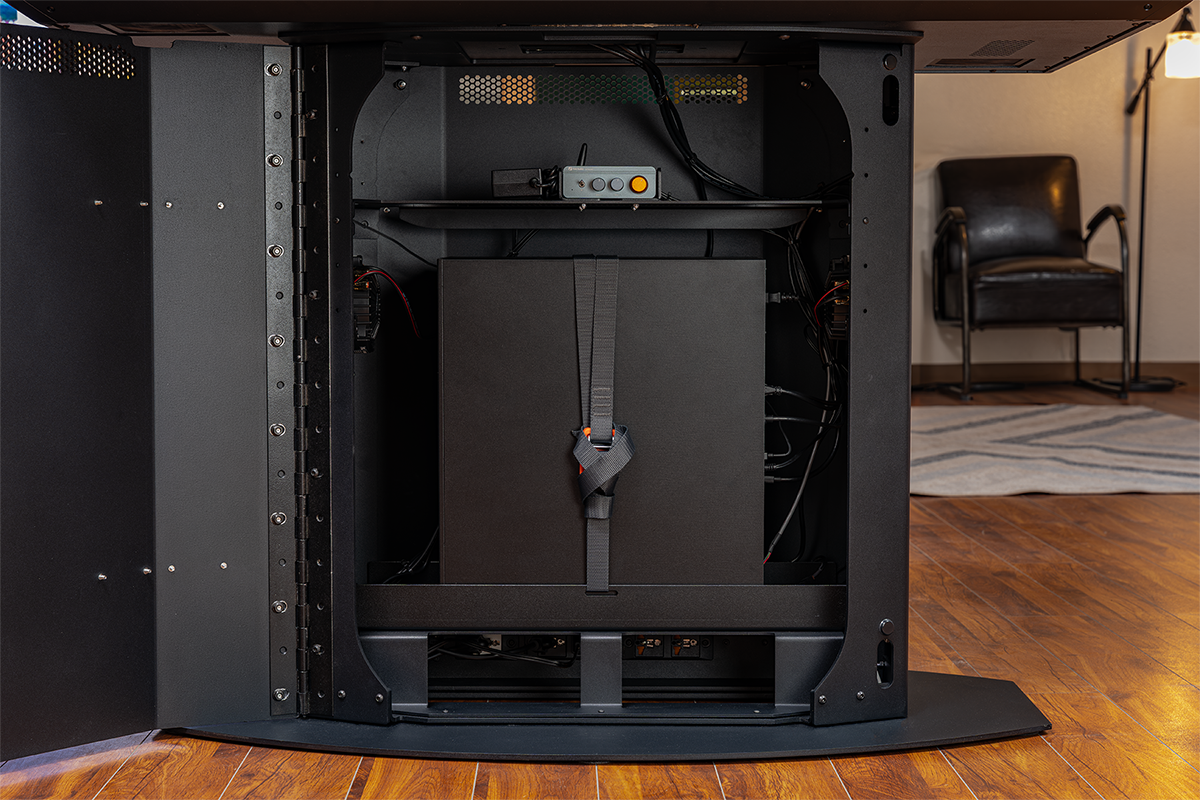 The base is large enough to accommodate a full-size Windows 11 computer and a custom Yamaha speaker system, making it a unique offering among the rest of our touch table lineup.