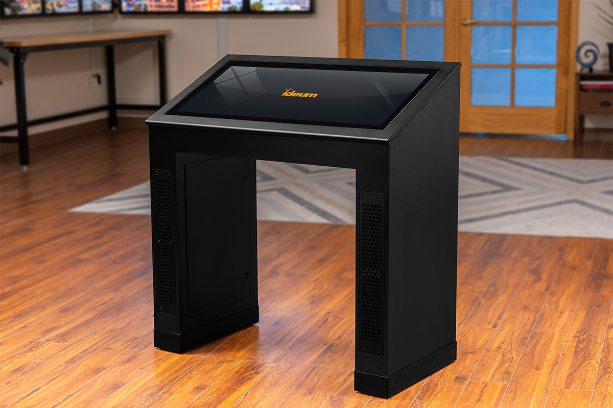 The new Reader Rail Kiosk base is made of Formica laminate with aluminum accents, and is available in standard black, as seen here, or a range of other custom colors and patterns.