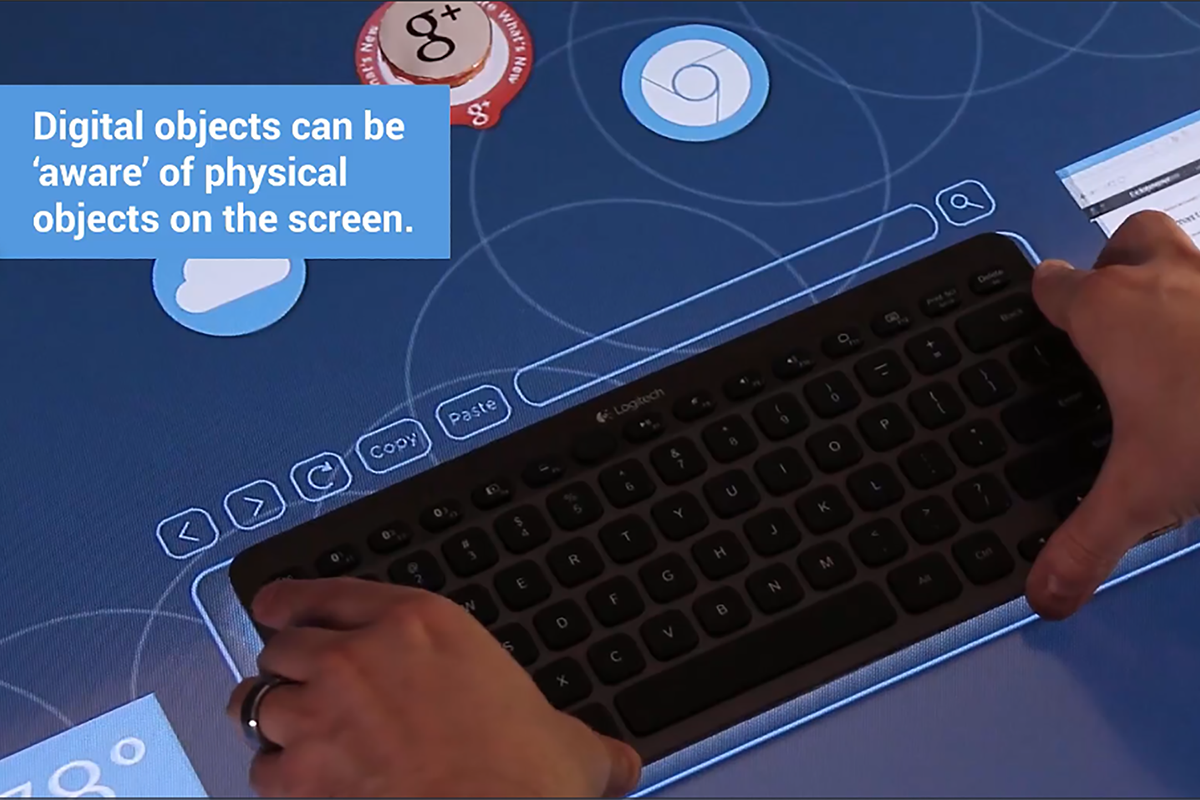 A screen shot from the viral video introducing tangibles on projected capacitive screens.