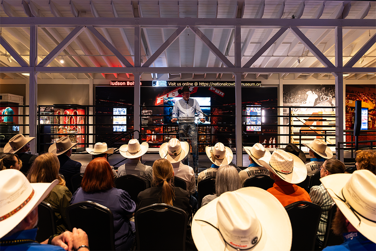 PBR CEO Sean Gleason addresses the press and the crowd at the exhibit opening.