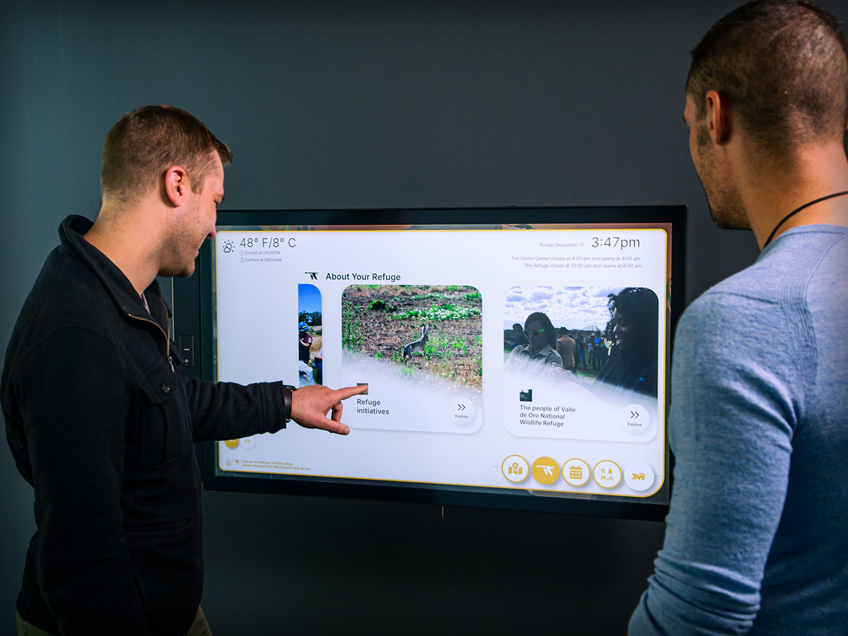 This digital docent at Valle de Oro displays live weather in addition to maps and photos from the refuge.