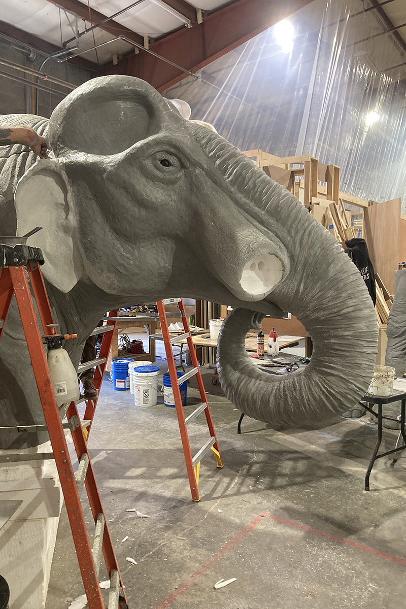 Details on the face and trunk of the museum’s Columbian Mammoth sculpture, photographed here at Five Ton Monkey’s workshop in Albuquerque, NM