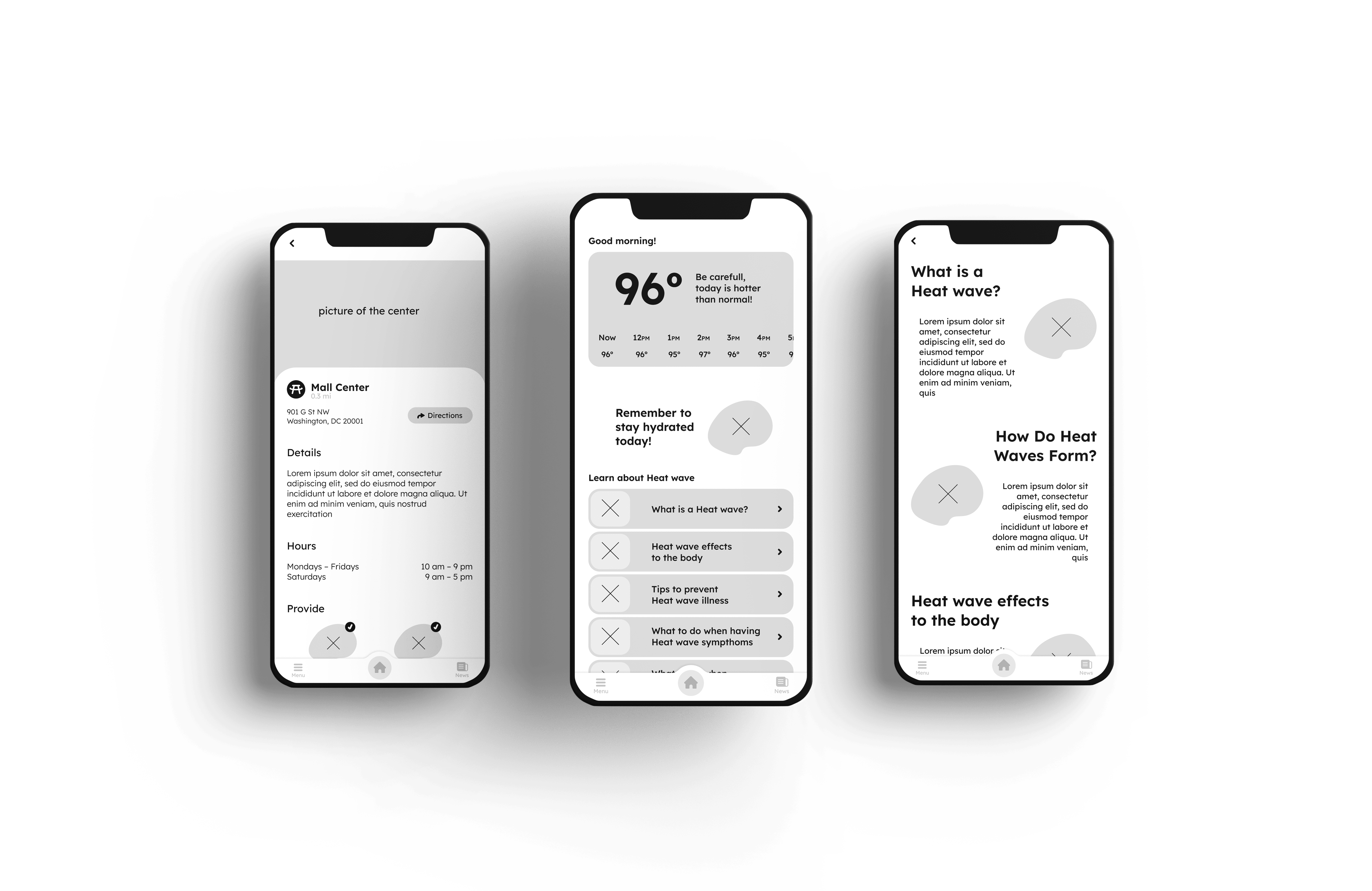 Heat Saver - Heatwave report app low fidelity wireframe mockup