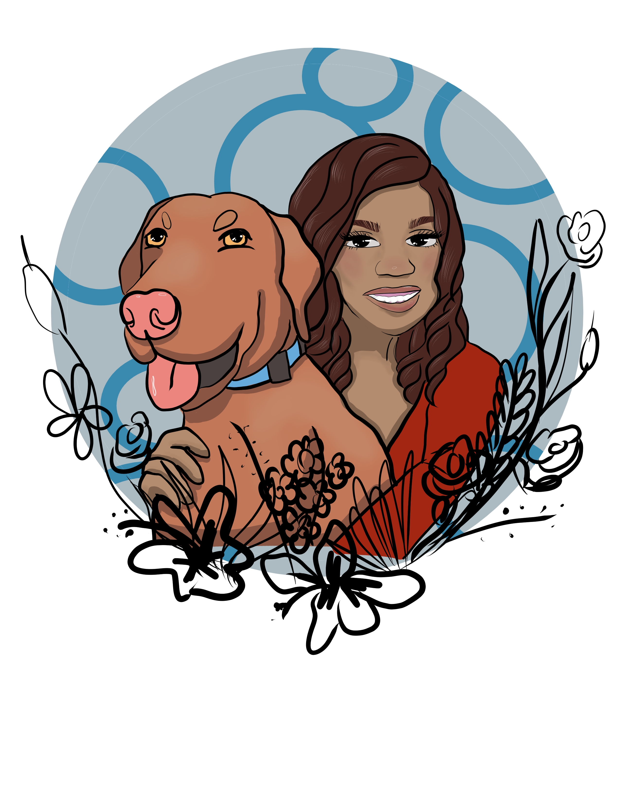 Stylized digital cartoon image of a girl with her ginger dog framed with black and white flower doodles