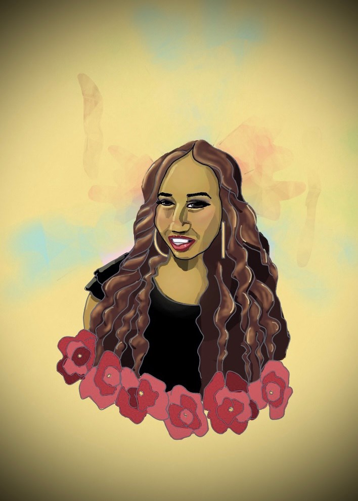 Cartoon portrait of a Spanish girl with long flowy hair, big hoop earrings, pink lipstick and surrounded by pink flowers
