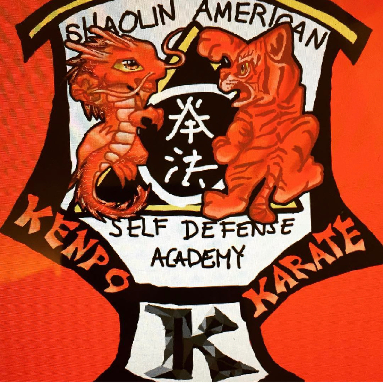 Stylized cartoon logo for Shaolin American Self Defense Academy Kenpo Karate Patch showing a cute baby anime dragon and tiger