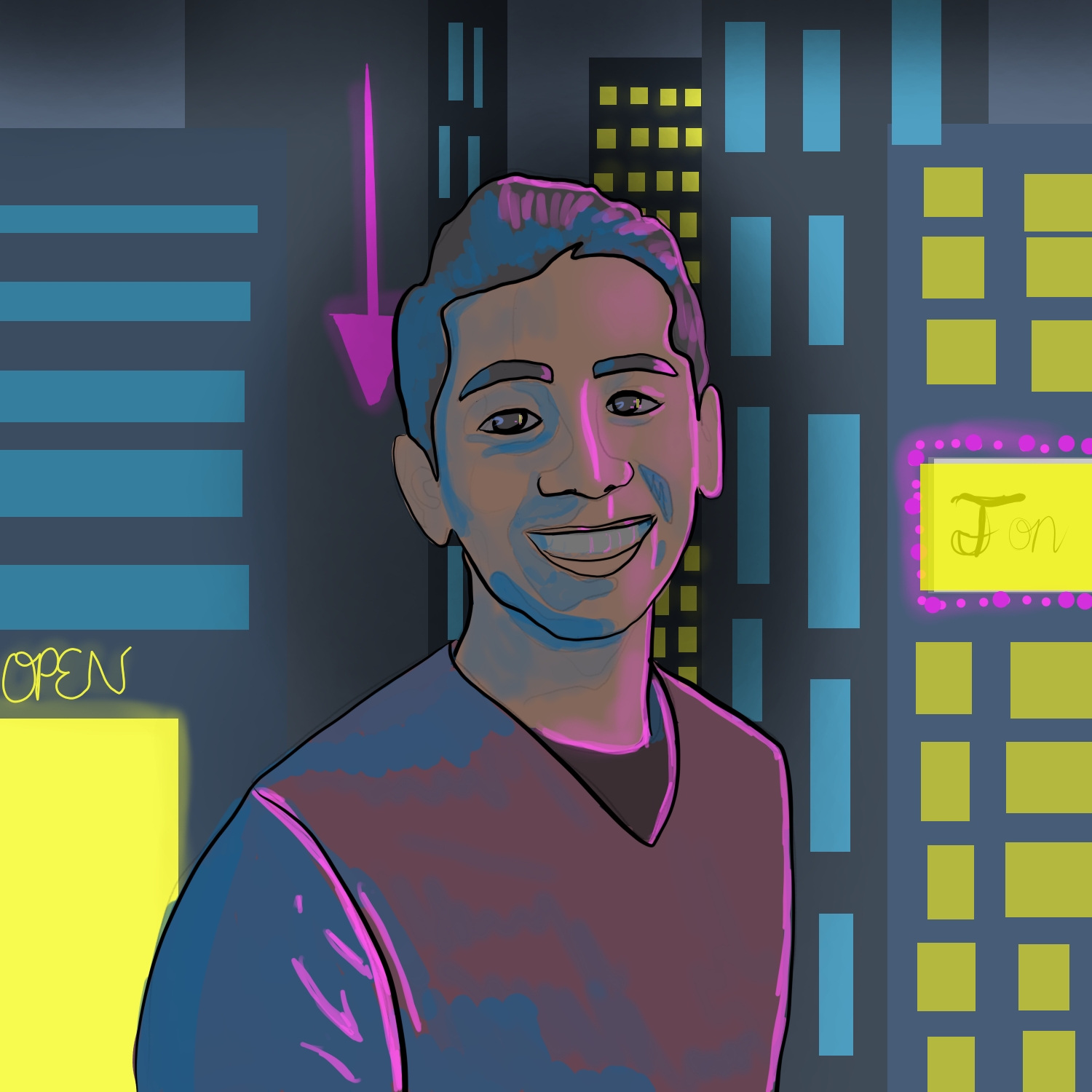 Digital painting of a neon cityscape background and a glowing smiling boy in the front