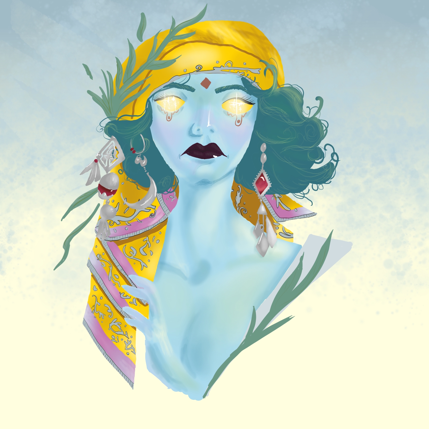A soft style cartoon digital painting of a gypsy bust. she has light blue skin, teal hair, dark lipstick, glowing eyes, and a golden head scarf and plenty of dangling silver and ruby jewelry
