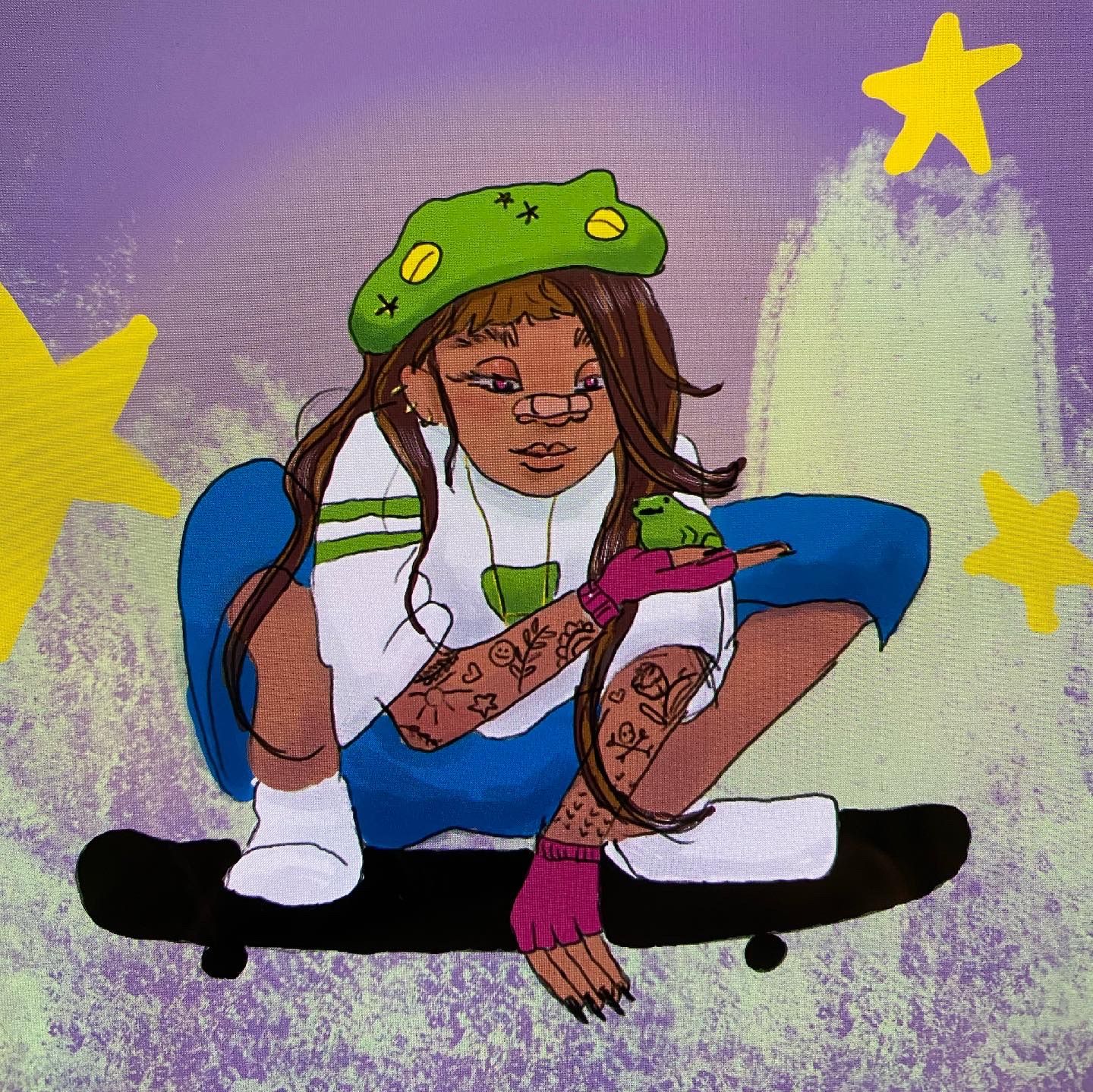 A tomboyish girl crouches down on a skateboard holding a smiling frog with an 8 bit smile against a graffiti like grunge background