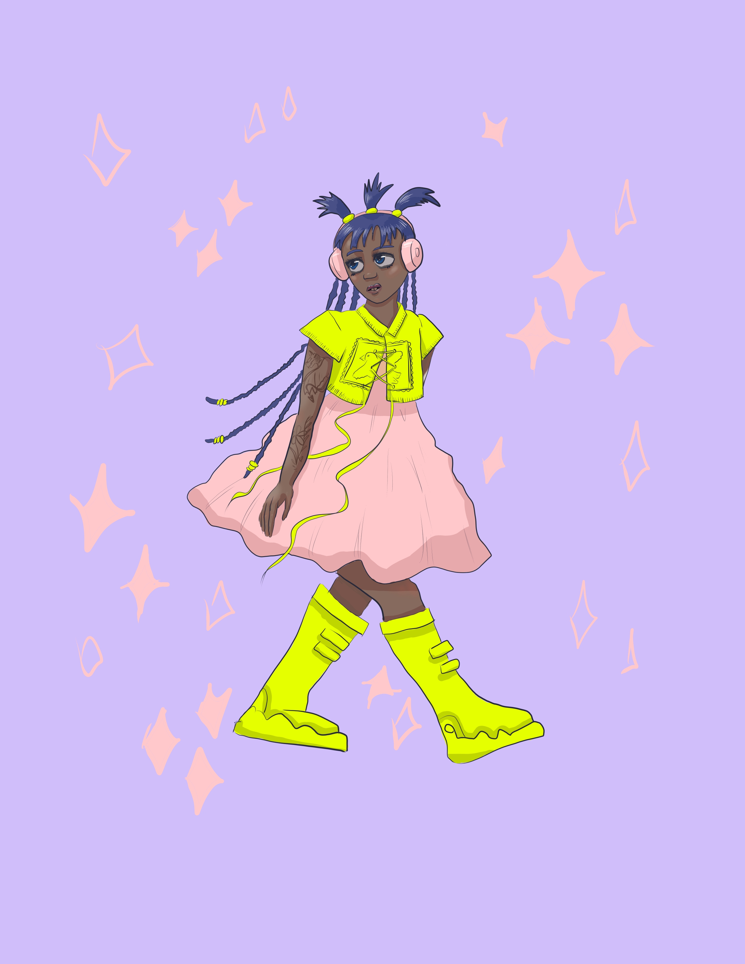 Quirky cartoon girl in soft pink dress and highlighter yellow shirt and boots, wears matching pink headphones and has dark purple hair in long braids with three tiny pony tails poking up above the headphones