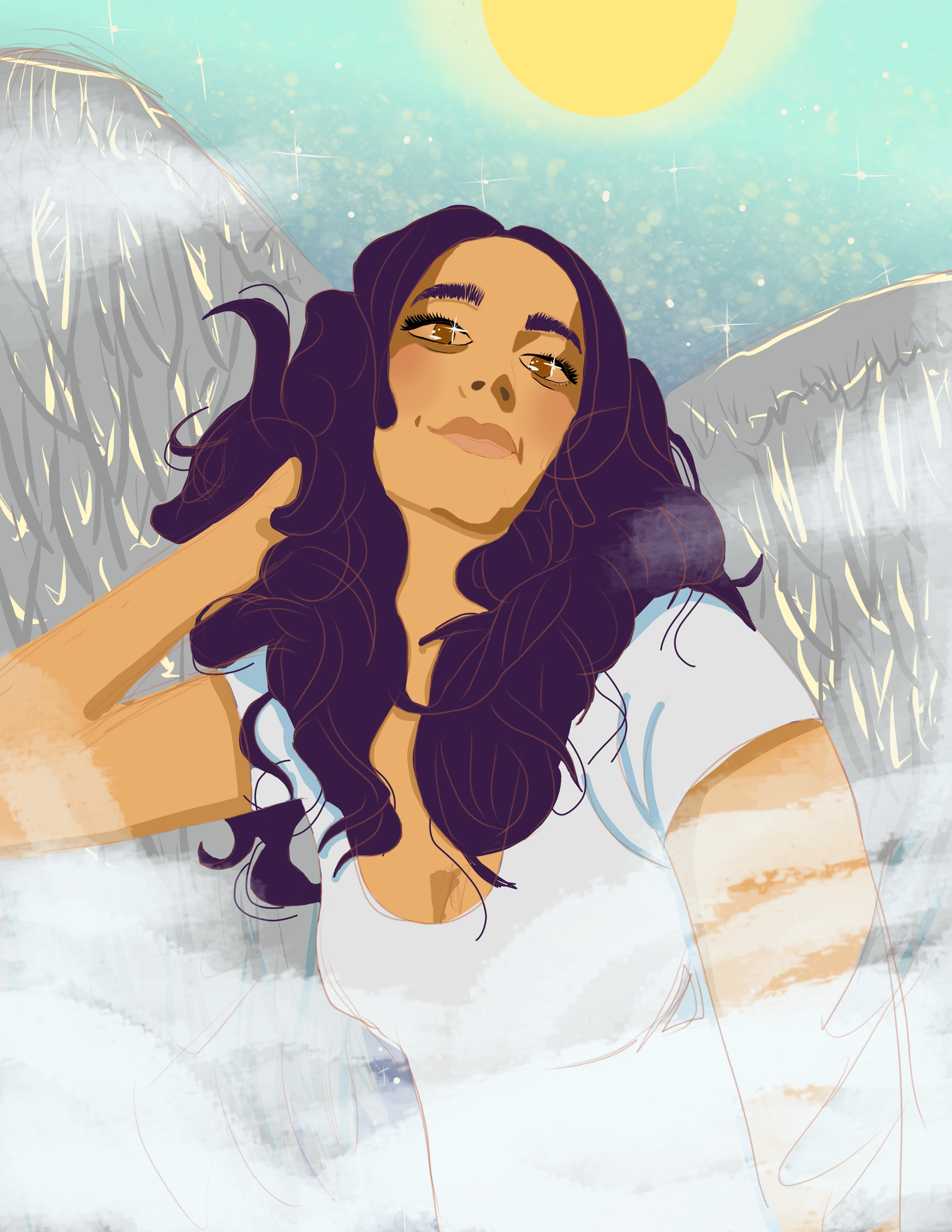 Digital painting of a girl with silver angel wings in the clouds with the sun above her