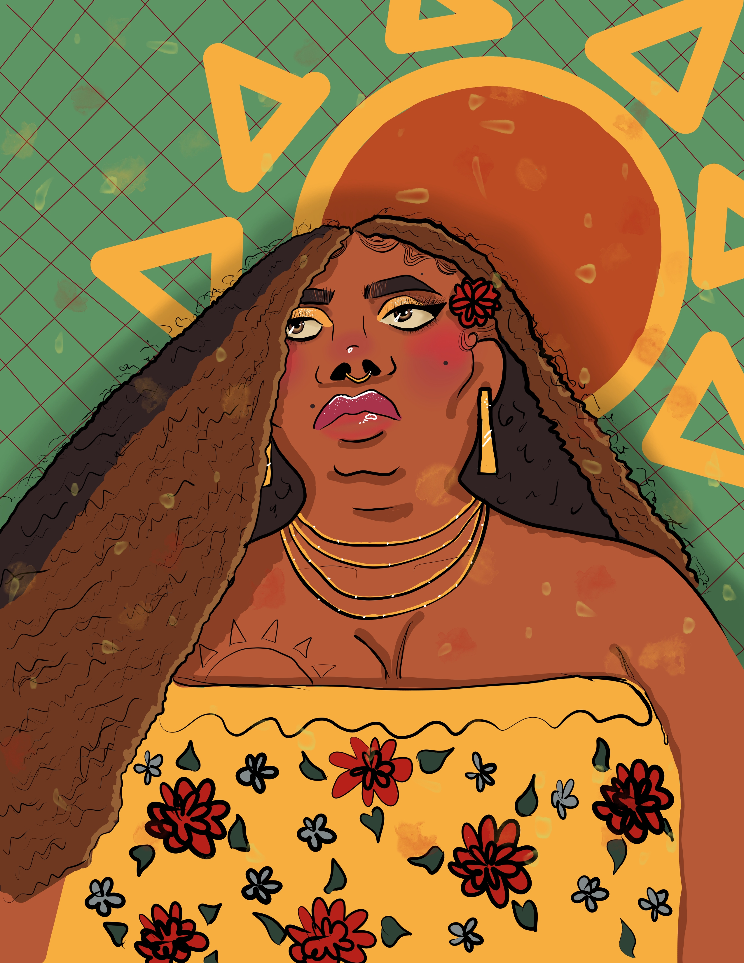 A cartoon of a veluptuous woman with full lips, big hair and a big sun behind her, wearing a yellow floral tube top