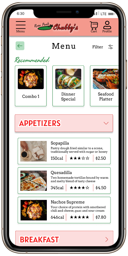 a phone showcasing the Chubby's Restaurant app. The current screen shows the menu with recommended items on top and drop down sections of the menu like an appetizers category and item cards showing a description, calorie count, price, and rating.