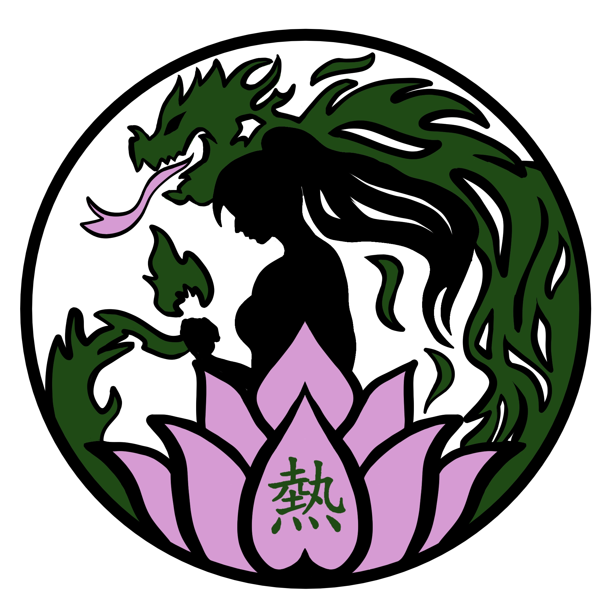 Black silhouette of a woman with flowing hair clenching a fist that appears to be eminating a green flame. The girl is surrounded by a green fire dragon in the background. A pink lotus blooms at the bottom of the patch design with Japanese kanji for "zeal or passion"