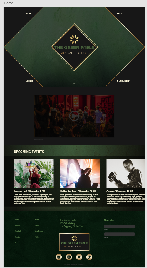 Thumbnail layout of the Green Fable Website. A landing page for an upscale piano lounge and restaurant with themes of emerald marble and gold ribbons.