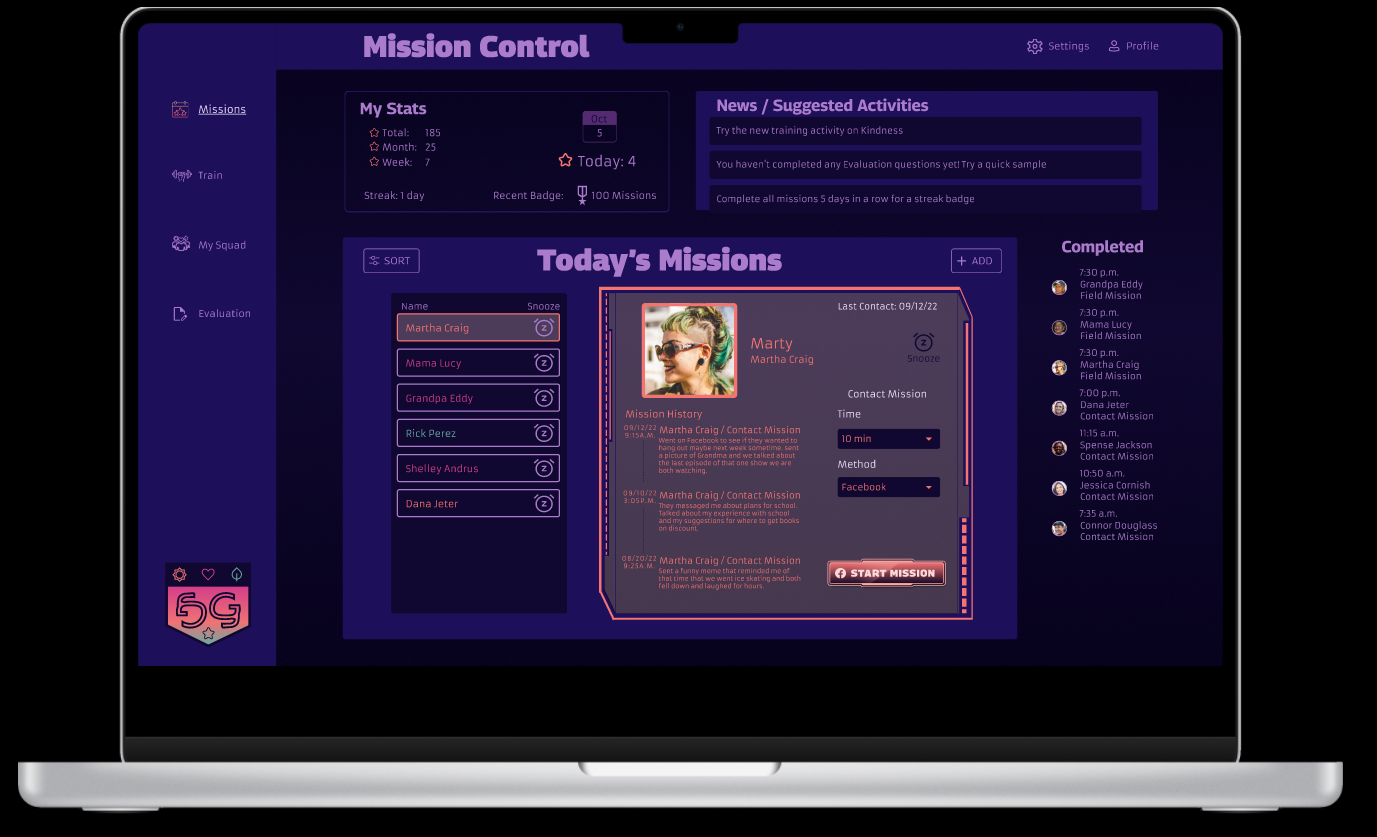 A laptop screen shows the layout for mission control of a web based app called Squad Goals. The app is mostly purple with green, orange and magenta pink accents making for a fun gamelike interface
