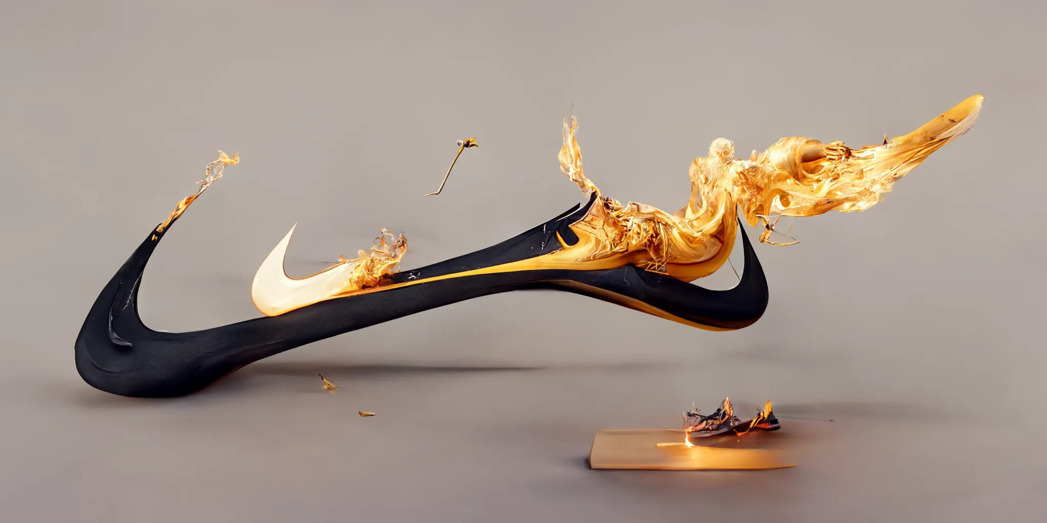 Abstract black and gold fluid shape resembling a stretched Nike swoosh logo on a neutral background.