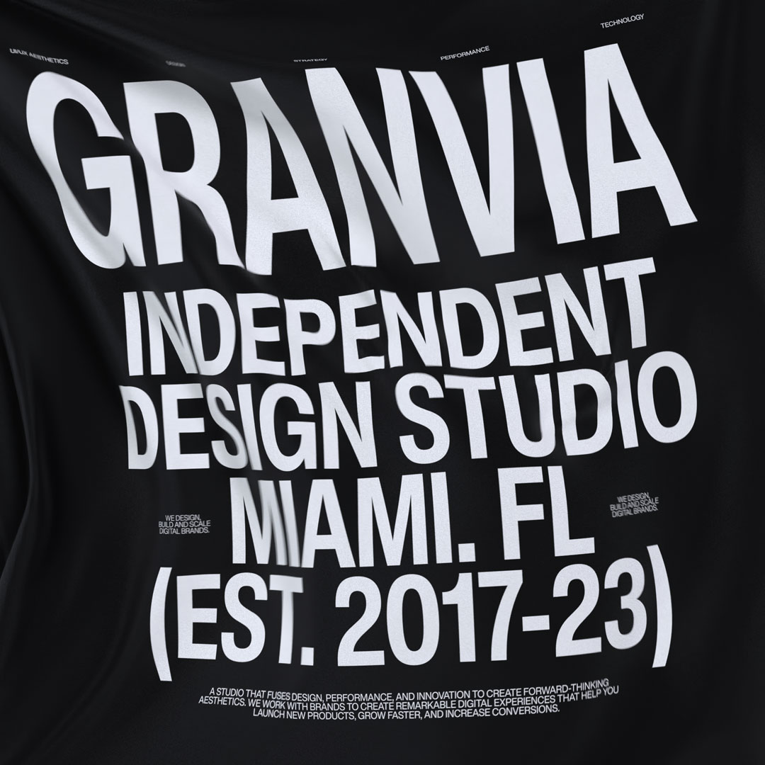 Black flag with white text reading Granvia Independent Design Studio Miami, FL (Est. 2017-23) and additional brand and design statements.