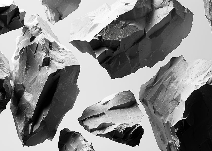 Close-up of several irregular, jagged gray rocks floating against a light gray background.