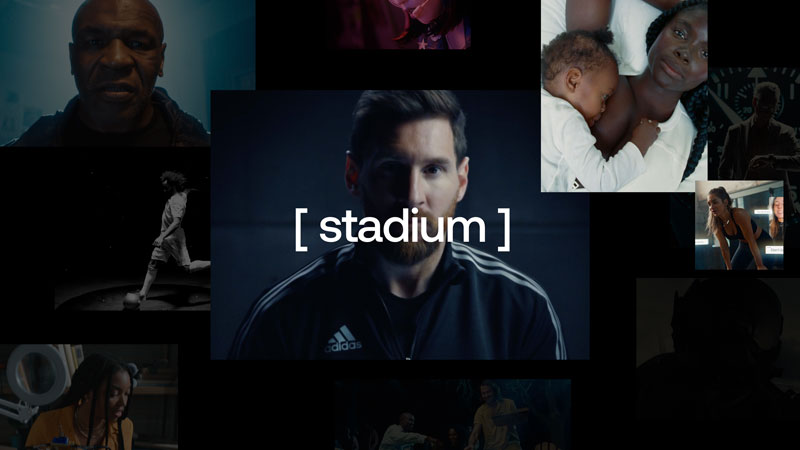 Collage of diverse people including an athlete with the word 'stadium' centered over a man in an Adidas jacket.