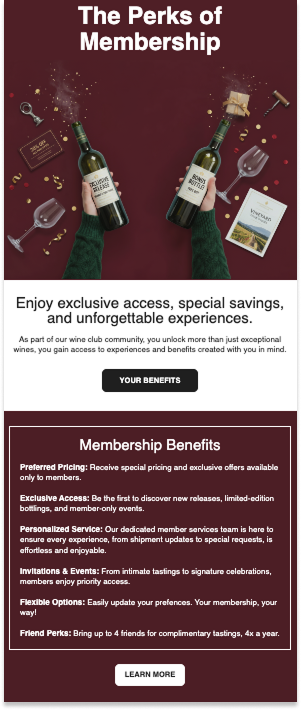 Email from welcome series showing the perks of membership