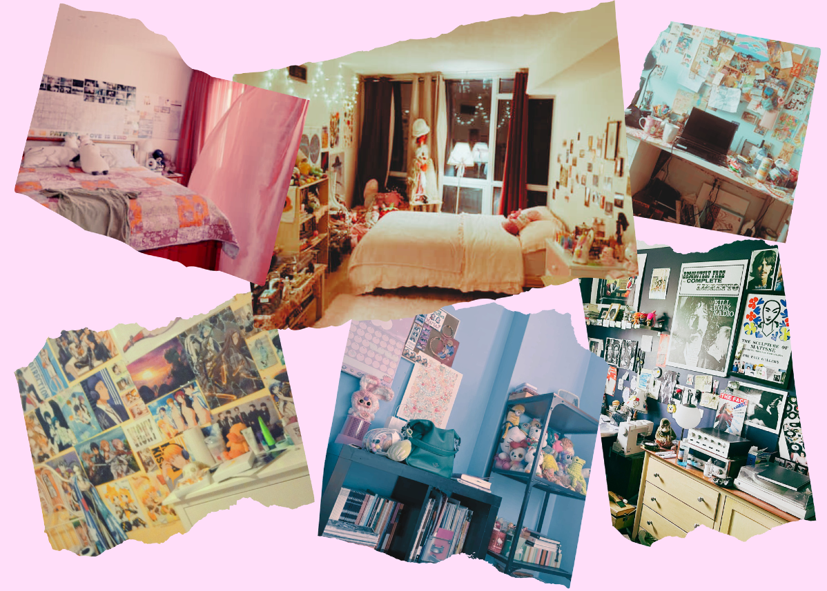 Against a pink background, a collage of six different bedrooms, all different in aesthetic.