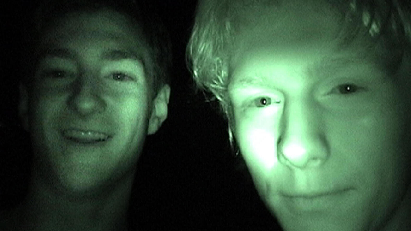 Movie still from Zero Day. Two teen boys film themselves in night vision.