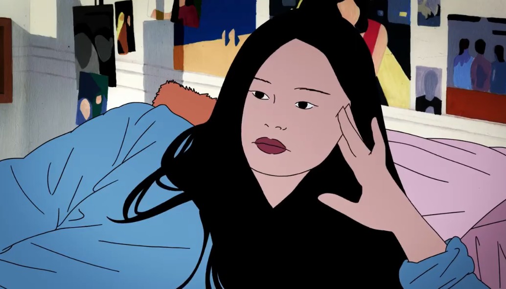 A rotoscoped image of a dark-haired woman lying in bed, her head against her left hand.