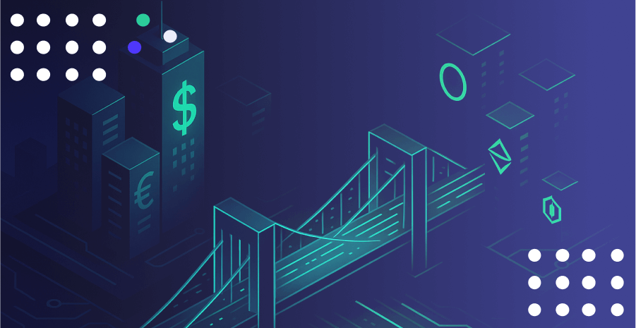 Isometric illustration of financial tech hub with currency symbols and glowing bridge