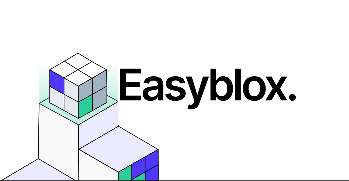 Easyblox logo with black text and illustration of stacked isometric cubes in blue and green