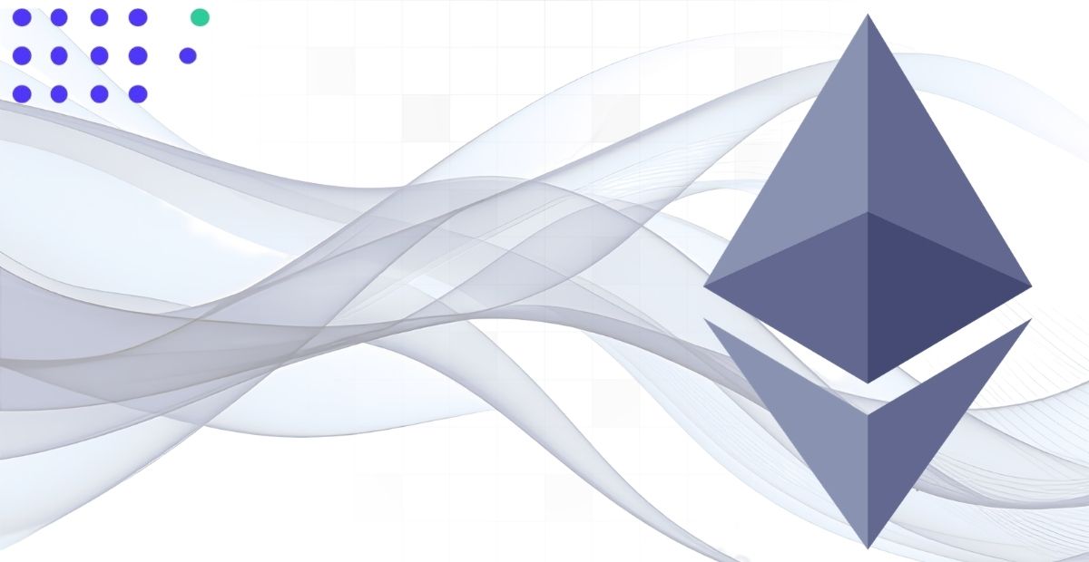 Banner with abstract wave patterns and geometric dots, featuring the Ethereum logo on the right.