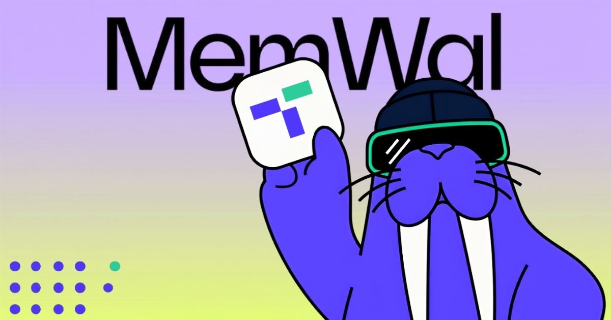 A stylized purple walrus mascot wearing tech goggles and a beanie, holding a decentralized storage icon with "MemWal" text in the background, representing persistent memory for Web3 AI agents.