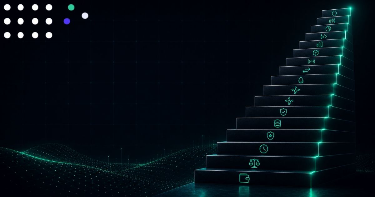 Graphic showing a glowing staircase made of stacked blocks with icons representing different crypto use cases (wallets, security, data, smart contracts). On the left, the text reads “Top 13 Crypto APIs By Use Cases” in bold white and gradient colors agains