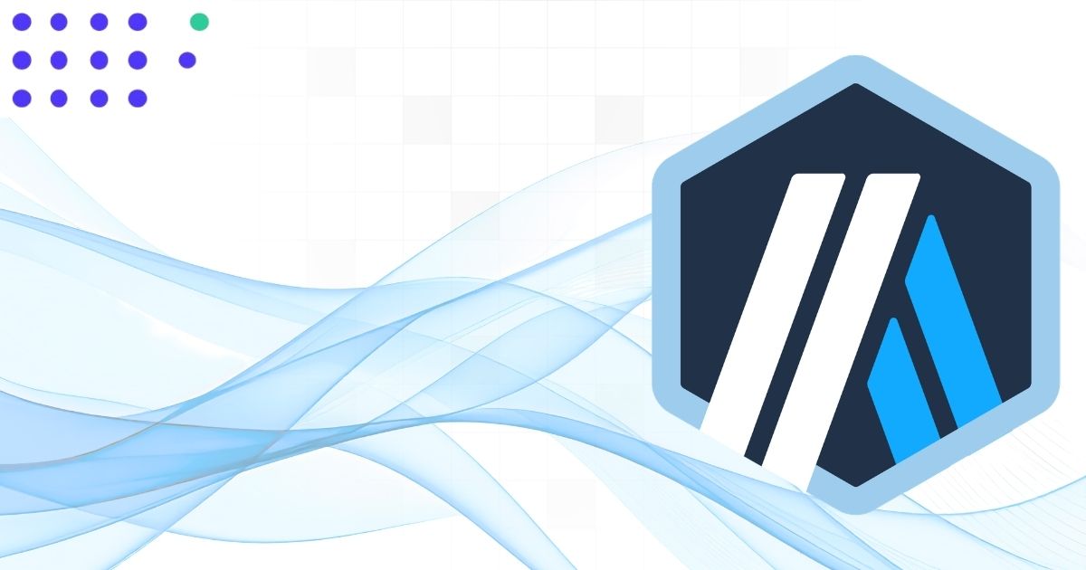 Build On Arbitrum developer banner featuring the official blue and white Arbitrum logo and abstract blue waves on a clean white background.