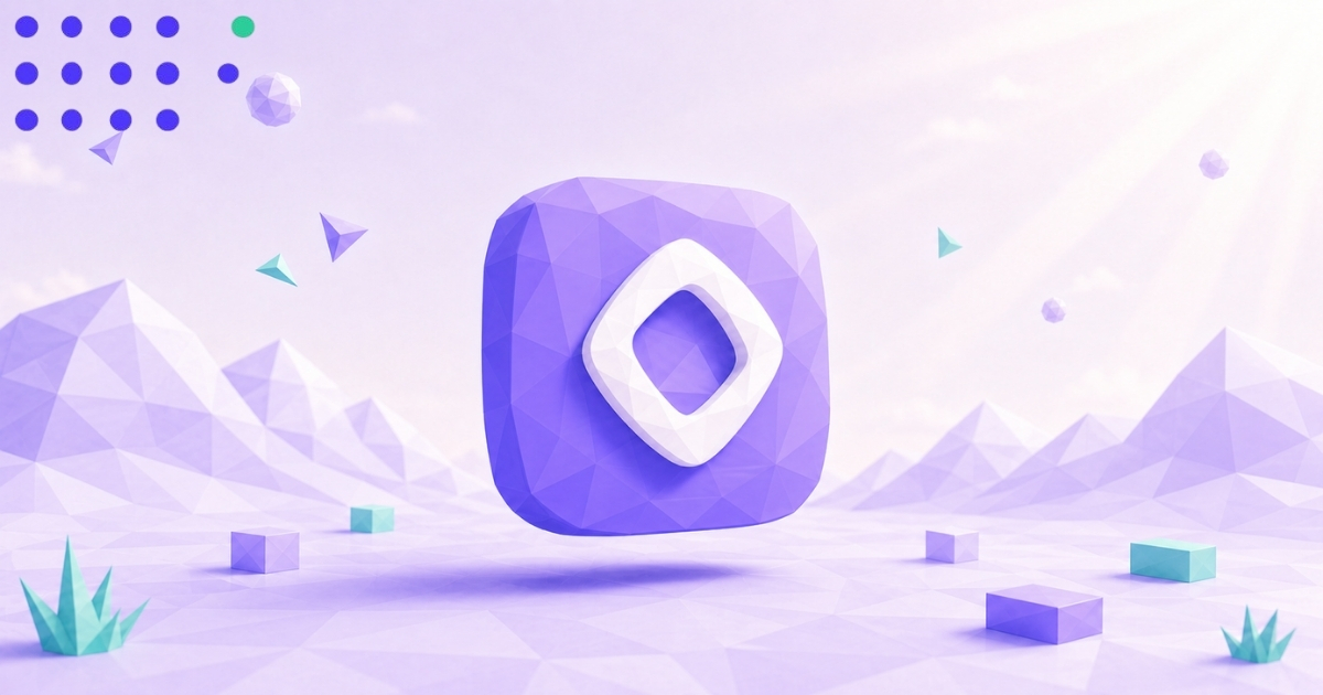 A faceted purple geometric logo floating above a lavender low poly landscape, surrounded by mountains, geometric shapes, teal accents, and soft rays of light.