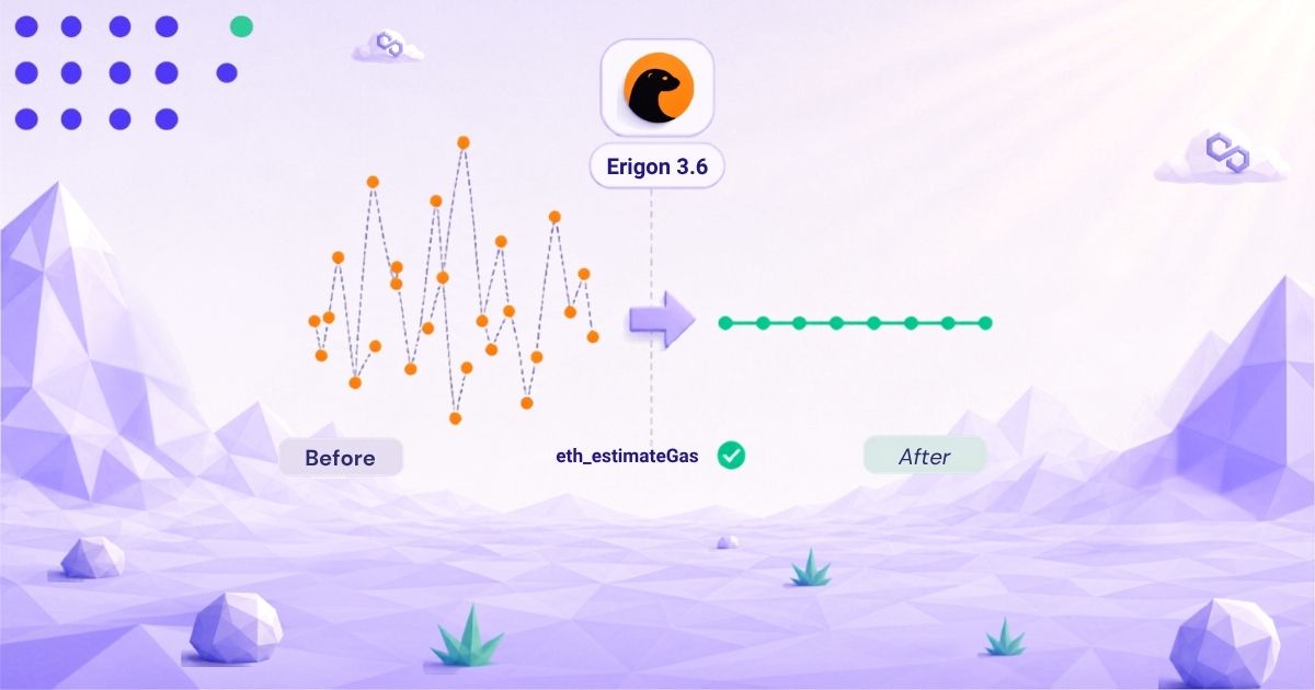 Illustration showing a blockchain transaction moving from a complex “Before” state to a streamlined “After” state, with a visible gas price theme and purple geometric blockchain visuals.