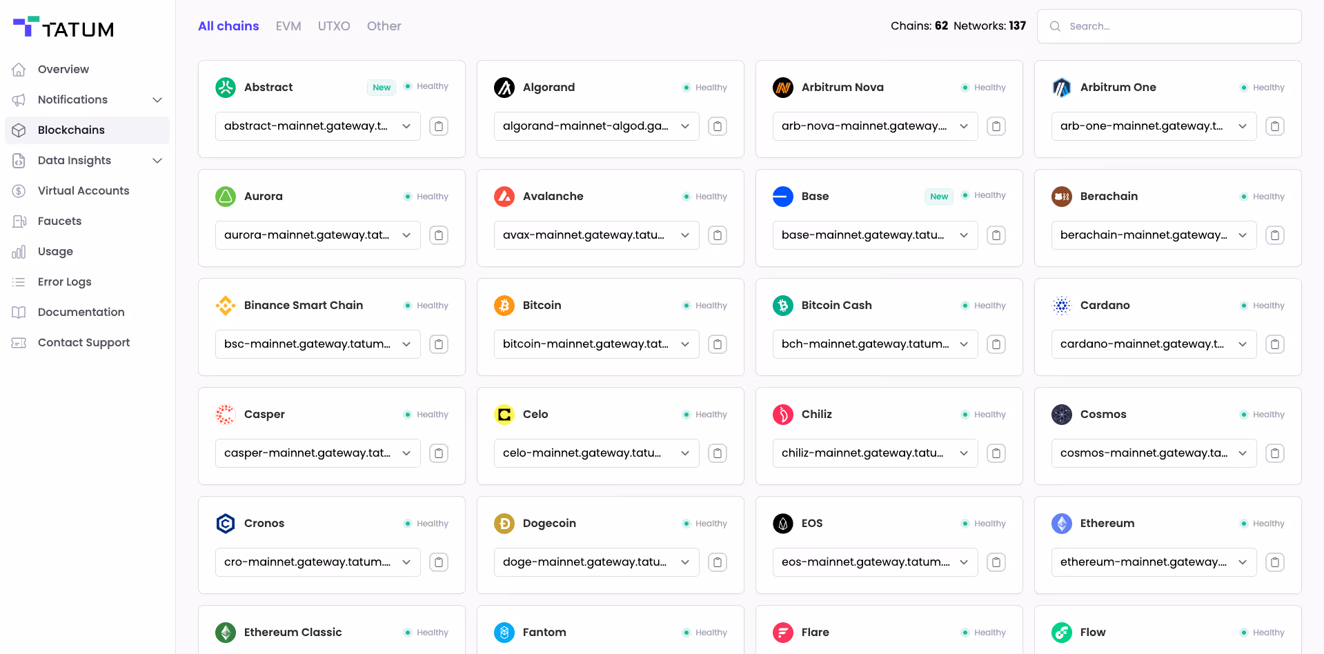 Tatum Dashboard - Blockchains