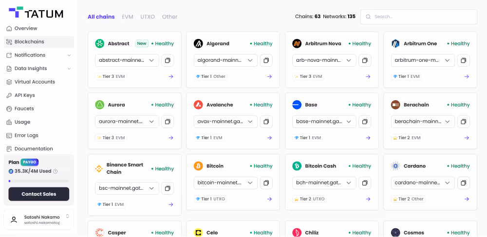 Preview of the Tatum Dashboard - usage section.