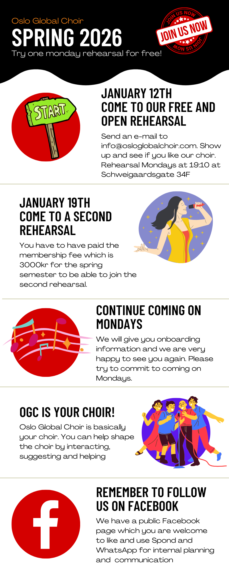 Oslo Global Choir Spring 2026 invitation with details on free rehearsal January 12th, paid second rehearsal January 19th, ongoing Monday sessions, choir involvement, and Facebook page link.