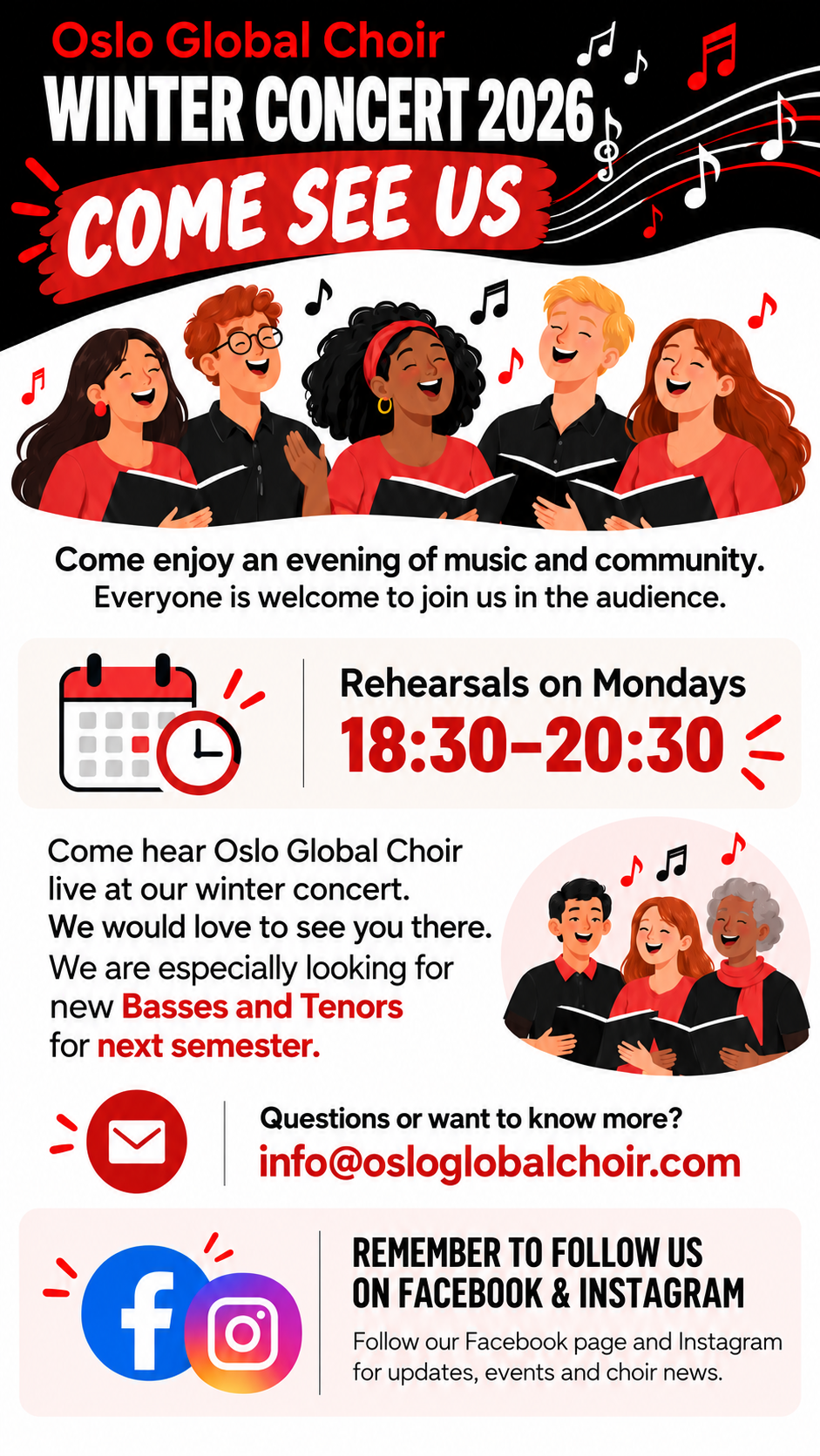 Oslo Global Choir Spring 2026 invitation with details on free rehearsal January 12th, paid second rehearsal January 19th, ongoing Monday sessions, choir involvement, and Facebook page link.