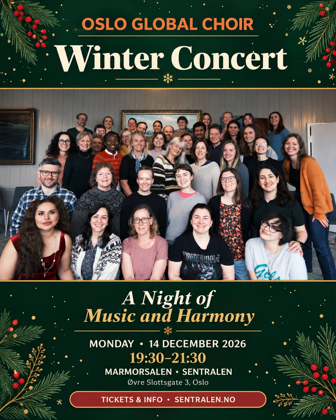 Group photo of the Oslo Global Choir with text announcing a concert at SALT on the 15th of June featuring sensational songs from Eurovision.