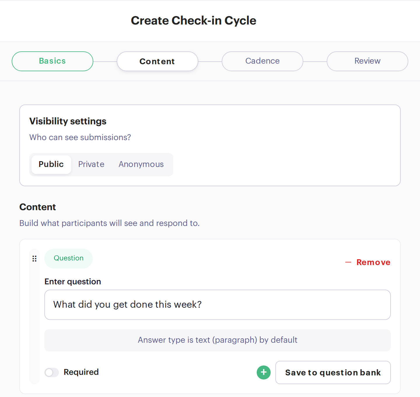 Beam cycle setup, Content step: visibility set to Public, and a first question, What did you get done this week?