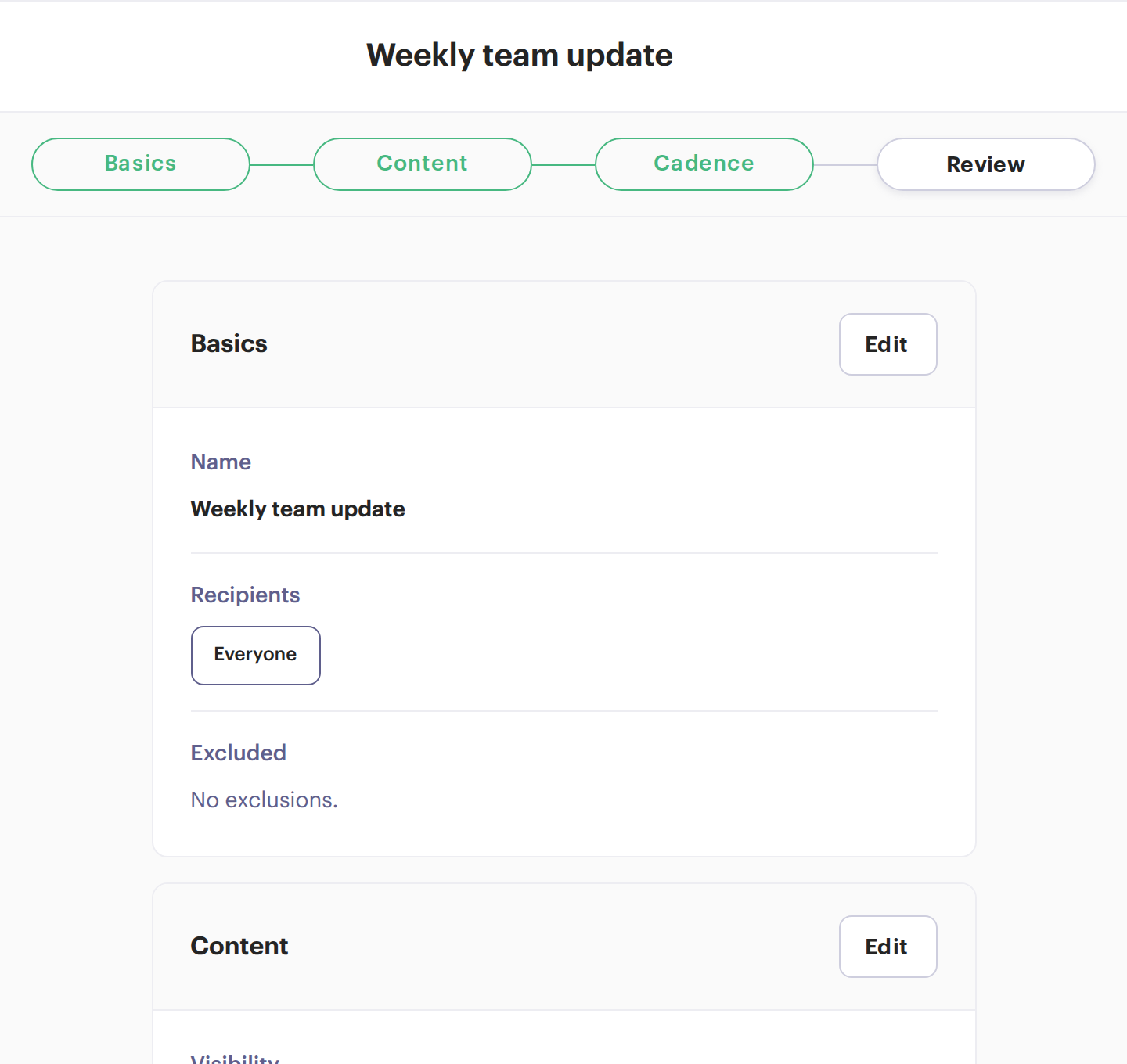 Beam cycle setup, Review step: a summary of the cycle with an Edit button on each section