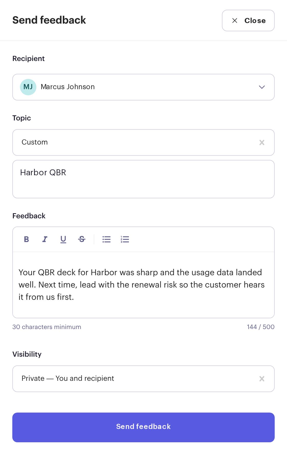 Beam Send feedback form: feedback for Marcus Johnson on the Harbor QBR, with visibility set to private