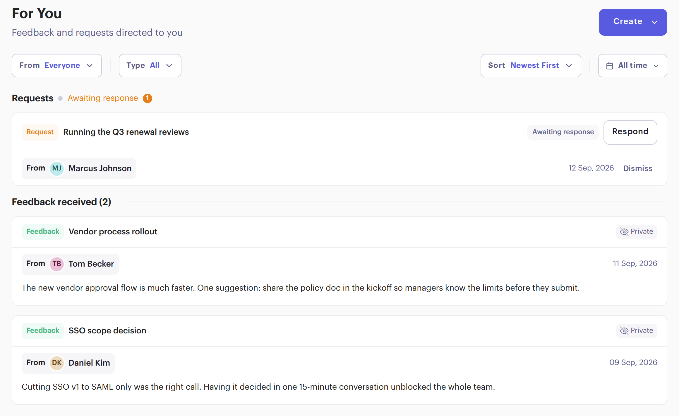 Beam Feedback, For You tab: a feedback request from Marcus Johnson awaiting response with a Respond button, and two pieces of feedback received