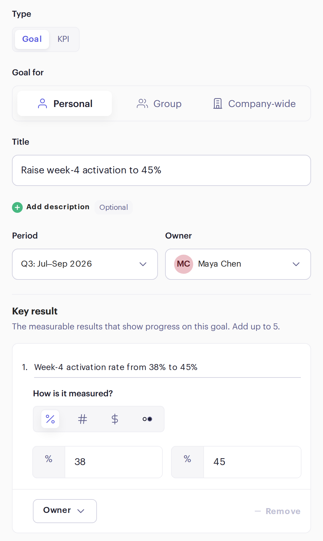 Beam Create goal form: a personal goal, Raise week-4 activation to 45%, with one key result measured as a percentage from 38 to 45