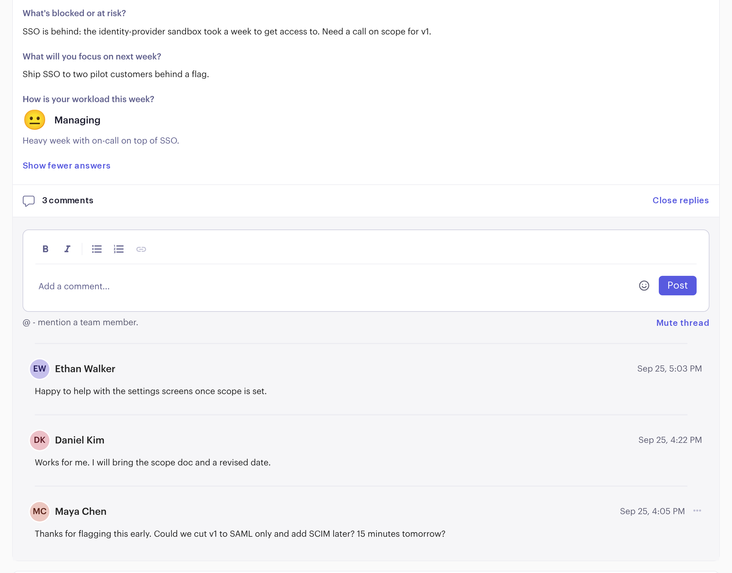 Beam team feed card: a check-in answer that flags a blocker, with a thread of three comments