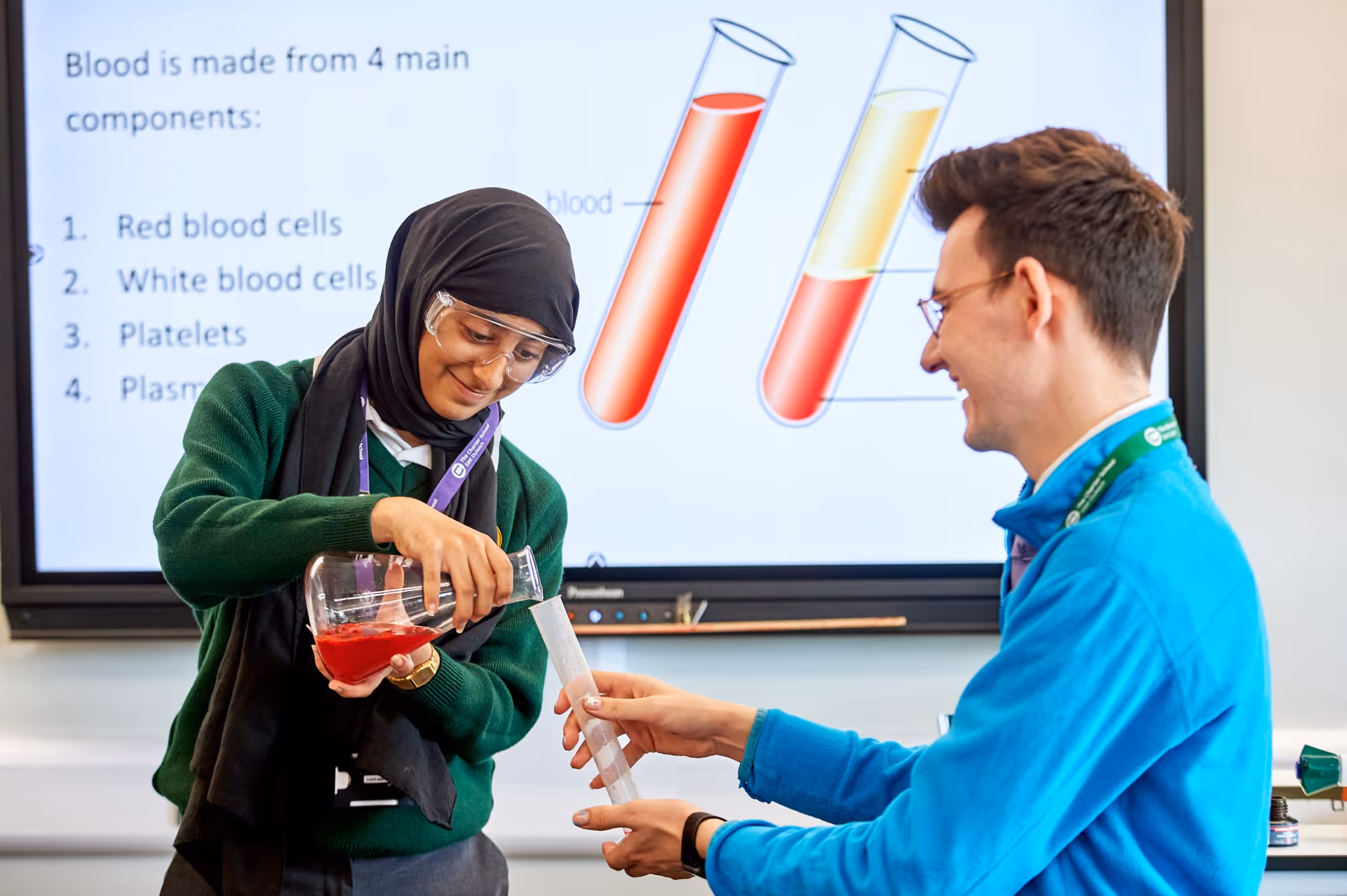 A teacher and student conducting a science experiment 