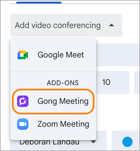 Options for adding video conferencing tools like Gong Meeting and Zoom Meeting.